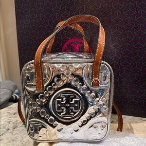Tory Burch Metallic Silver and Tan Mini Bag